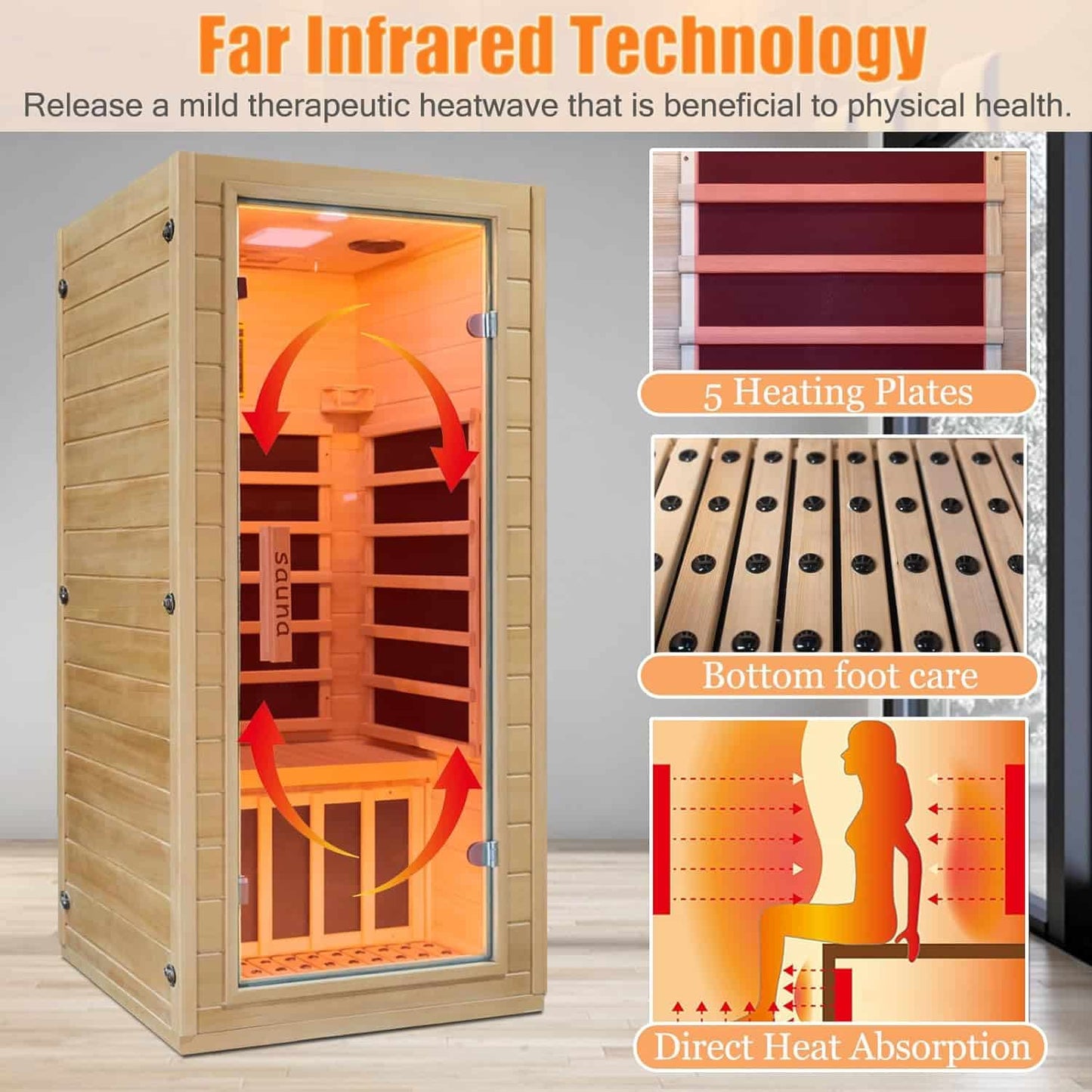 Infrared Home Sauna Room 1 person Hemlock Wooden Indoor Sauna Spa，1200W/110V Heaters,10 Minutes Pre-Warm up