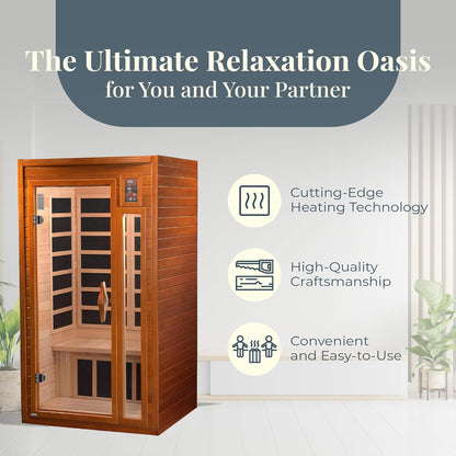 Dynamic 1 to 2 Person Hemlock Wood Low EMF FAR Infrared Sauna For Home with LED Control Panel and Tempered Glass Door - Curbside Delivery