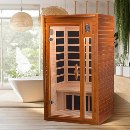 Dynamic 1 to 2 Person Hemlock Wood Low EMF FAR Infrared Sauna For Home with LED Control Panel and Tempered Glass Door - Curbside Delivery