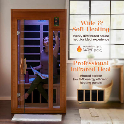 Dynamic 1 to 2 Person Hemlock Wood Low EMF FAR Infrared Sauna For Home with LED Control Panel and Tempered Glass Door - Curbside Delivery