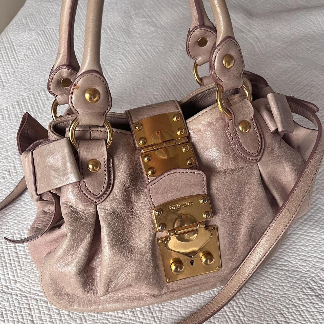 Authentic Light Pink Miu Miu Vitello Leather Bow Bag With Gold Hardware And Removable Strap