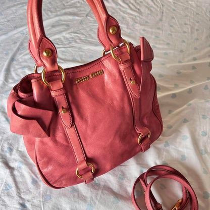 Authentic Pink Miu Miu Vitello Lux Bow Bag With Gold Hardware