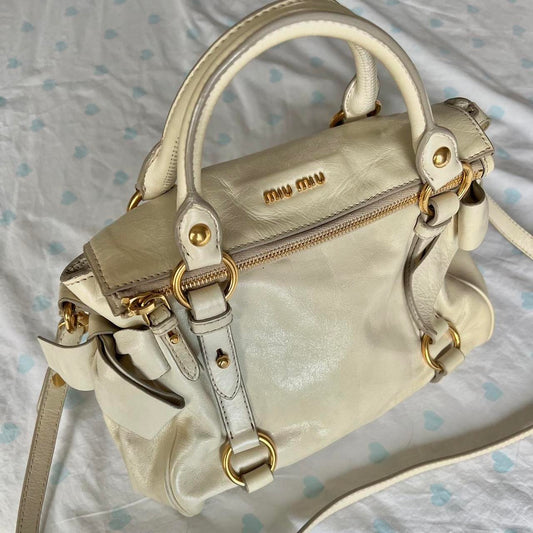 Authentic Cream Miu Miu Vitello Lux Bow Bag With Gold Hardware