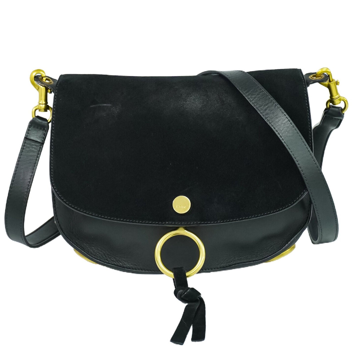 Chloe Suede Leather Shoulder Crossbody Bag Black Gold