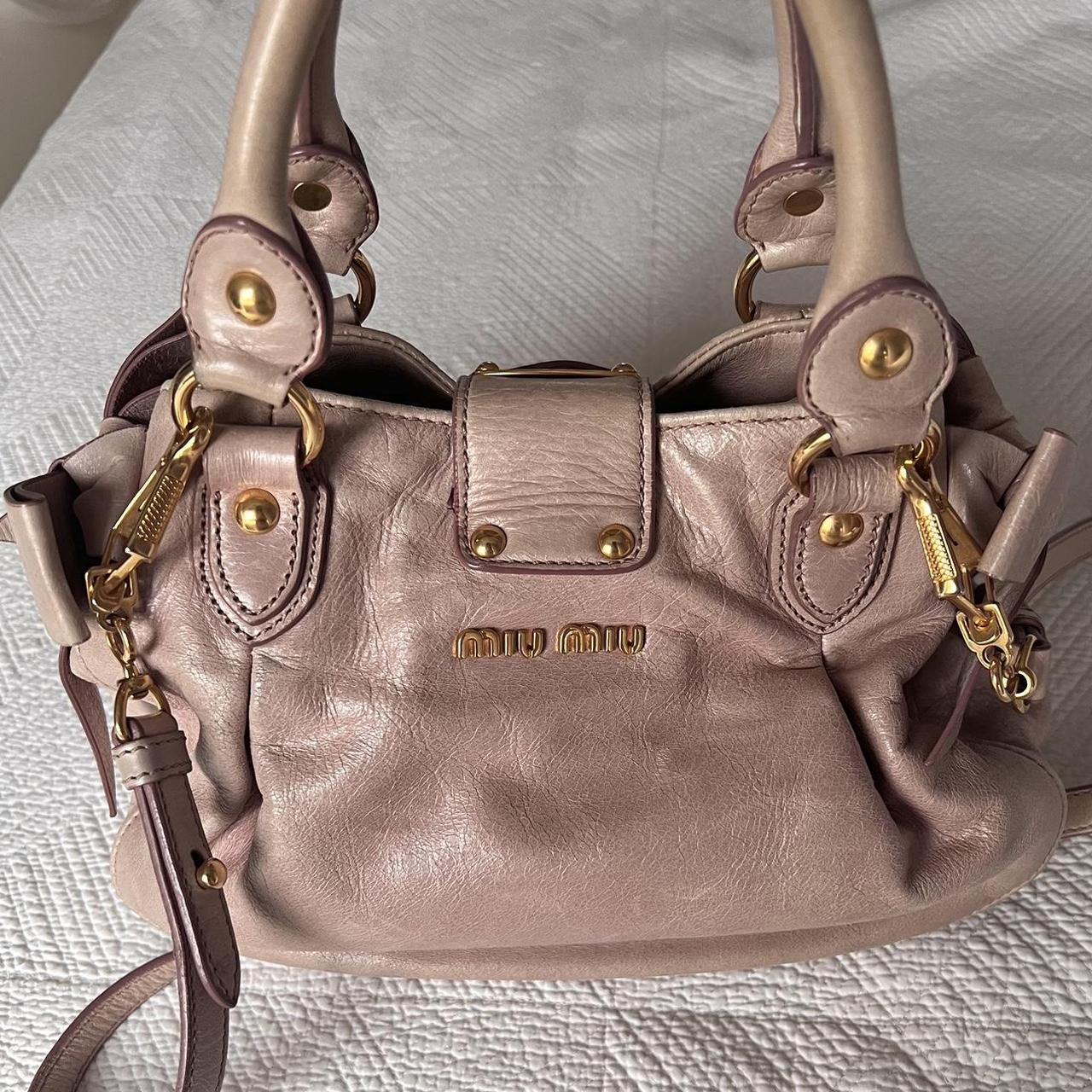 Authentic Light Pink Miu Miu Vitello Leather Bow Bag With Gold Hardware And Removable Strap