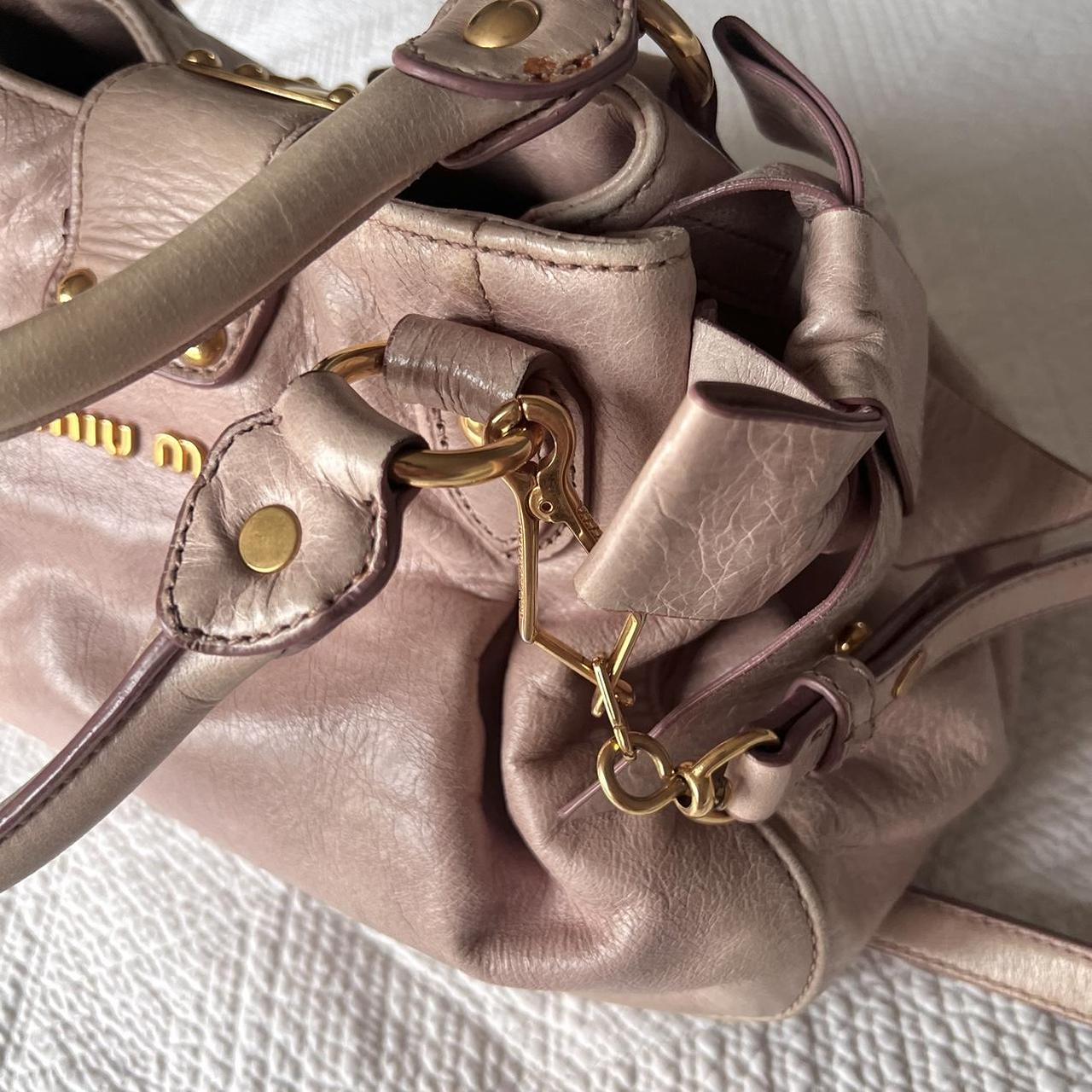 Authentic Light Pink Miu Miu Vitello Leather Bow Bag With Gold Hardware And Removable Strap