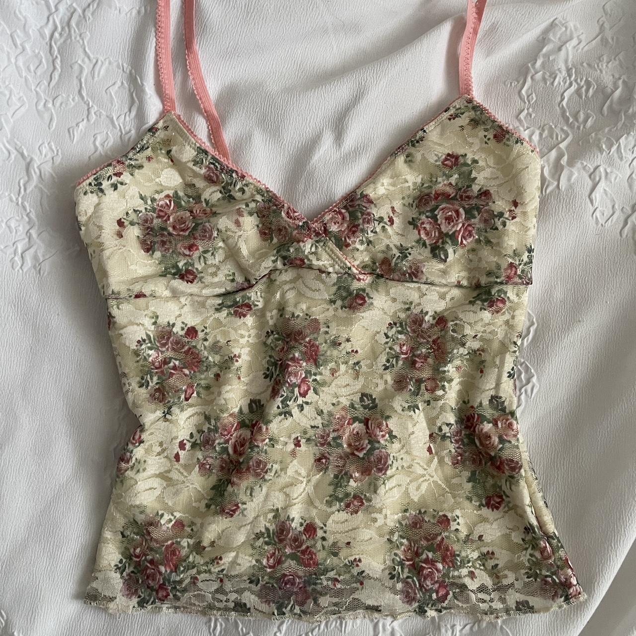 Cream and pink floral lace cami top