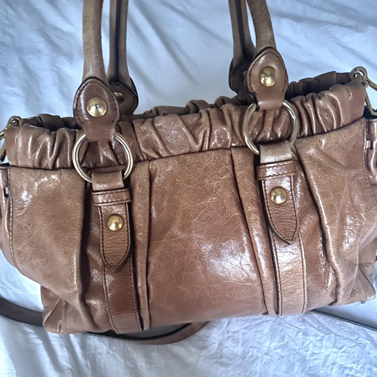 Authentic Brown Miu Miu Vitello Leather Bag With Gold Hardware And Removable Strap