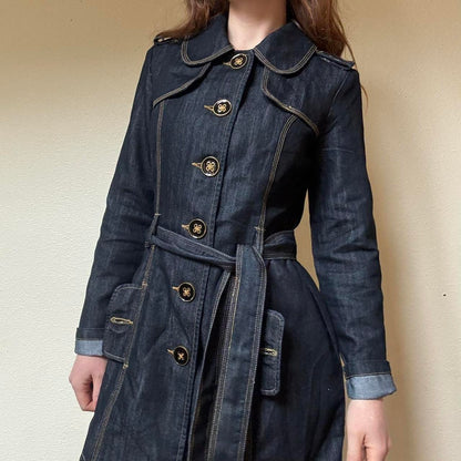 Y2K dark wash denim trench coat - insanely iconic...