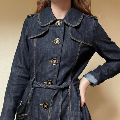 Y2K dark wash denim trench coat - insanely iconic...