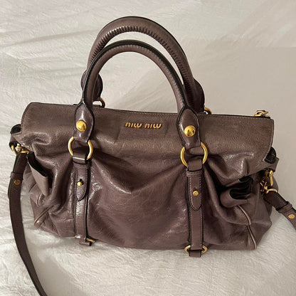 Authentic Grey Looks A Bit Purple In Person Miu Miu Vitello Leather Bow Bag With Gold Hardware And Removable Strap