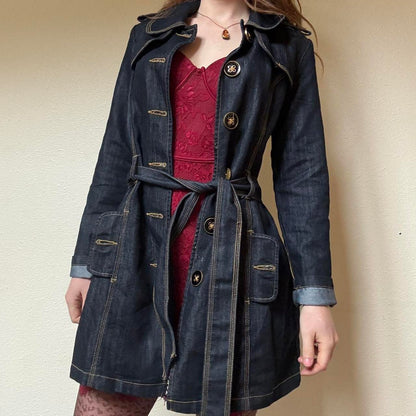 Y2K dark wash denim trench coat - insanely iconic...