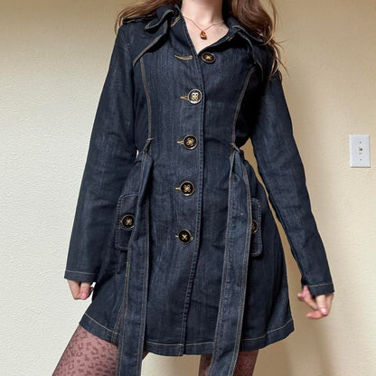 Y2K dark wash denim trench coat - insanely iconic...