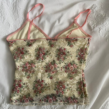 Cream and pink floral lace cami top