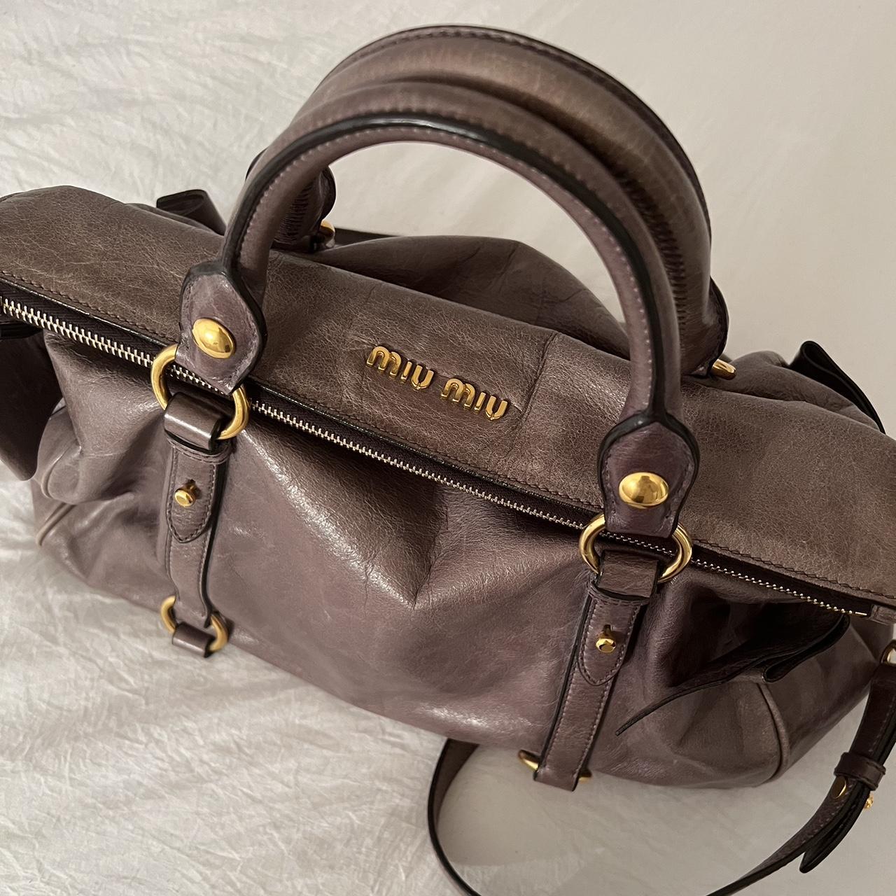 Authentic Grey Looks A Bit Purple In Person Miu Miu Vitello Leather Bow Bag With Gold Hardware And Removable Strap